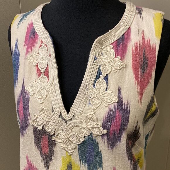 J Crew Ivory Watercolor Ikat Shift Dress Size 0 Embroidered Sleeveless Linen - Picture 2 of 7